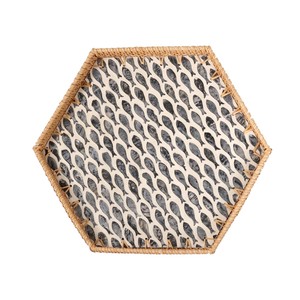 Handcrafted Rattan Display <b>Tray</b> with Mother of Pearl Mosaic - Product Image 1