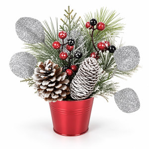 Fleurs Artificielles Festives Scintillantes Faites à la Main, Mélange de Givre Argenté et Baies, Pot OEM/ODM Accepté avec Feuilles Argentées Pailletées - Product Image 1