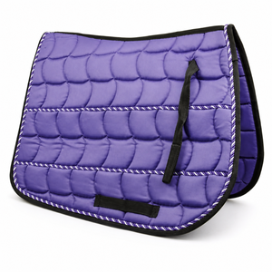 Tapis de selle matelassé festonné violet avec bordure à double cordon |   Sangles de sécurité pour équipement équestre raffiné - Product Image 1