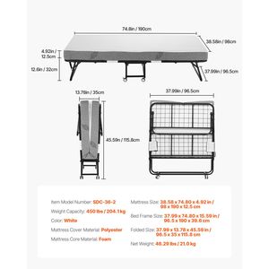 Cama Plegable Tamaño Individual de 38 x 75 Pulgadas, Estructura Metálica Resistente, con Colchón de Espuma Viscoelástica de 38 x 75 Pulgadas, 5 Colchones - Product Image 3