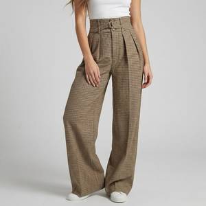 Pantalon large à taille haute pour femme, à carreaux, plissé, coupe ample, longueur intégrale, en laine et polyester, décontracté, pour l'automne - Product Image 3