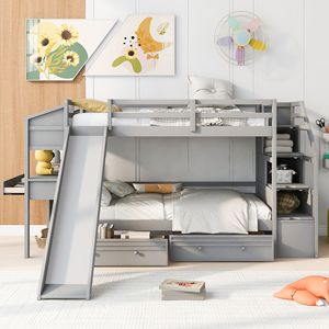 Letto a Castello Grigio con Cassetti Portaoggetti, Scala, Scivolo e Scrivania con Cassetti e Mensole per Bambini - Product Image 2