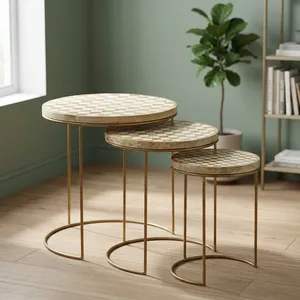 Set of Three Nesting <b>Side</b> <b>Tables</b> with Wood Bone Inlay Checkerboard Tops and <b>Gold</b> Metal Frames Modern Decorative Accent Furniture - Product Image 2