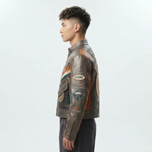 Workshop <b>Mens</b> Bronze <b>Brown</b> <b>Leather</b> Motorcycle <b>Jacket</b> Route 66 Speedway Racing Team Embroidered Patch Coat - Product Image 4