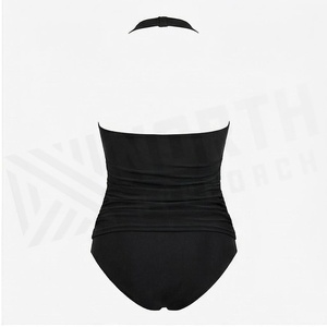 Maillot de bain une pièce noir pour femme avec dos nu, effet ventre plat froncé, soutien-gorge push-up et taille haute, couleur unie - Product Image 2