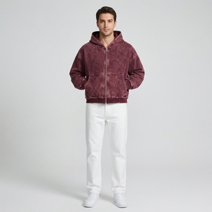 Sweat-shirt à capuche zippé pour homme, bordeaux, délavé à l'acide, effet usé, coupe oversize, streetwear, vêtements personnalisés - Product Image 4