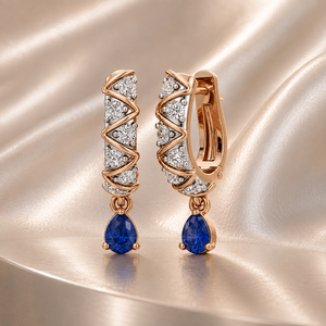 Boucles d'oreilles créoles de luxe en or rose avec pierre précieuse saphir en forme de goutte pour femme, bijoux de mariage en or 10K, 14K, 18K et argent 925 ou 935 - Product Image 1