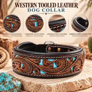 Collar de perro de cuero repujado turquesa estilo western con almohadillas para el cuello |   Collar Canino Ajustable con Hebilla Cosida y Duradera - Product Image 5