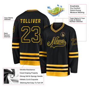 Maillot de hockey sur glace noir et jaune pour hommes, col en V, manches longues, logo des équipes brodé, en maille polyester respirante, vente en gros - Product Image 4