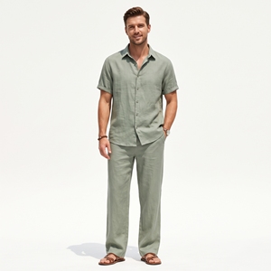 Men's Summer <b>Linen</b> Casual Shirt & Wide-Leg Pants Co-Ord Relaxed Resort <b>Two</b>-<b>Piece</b> Set OEM ODM Wholesale Factory Private Label - Product Image 3