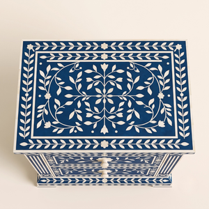 Luxury Navy <b>Blue</b> Bone Inlay <b>Bedside</b> <b>Table</b> 2 Drawer Floral Handmade Nightstand Wooden Furniture for Bedroom, Living Room - Product Image 3