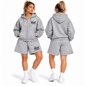 Wholesale New <b>Women's</b> Casual Short Hoodie <b>Set</b> 100% Cotton Custom Embroidery Oversize <b>2</b> <b>Piece</b> <b>Women</b> Zipper Hoodies Shorts <b>Set</b> - Product Image 4