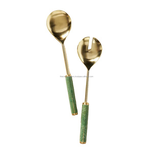 American Style Stainless Steel Gold Plated Salad Spoon And Fork Cutlery <b>Sets</b> With Resin Handles Dishwasher Safe & Eco Friendly - Product Image 1