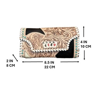 Vintage Deck Of Cards Tooled Leather Cowhide Women Wallet Turquoise Whipstitch Card Holder Clutch Purse Hair-On Zipper <b>Wristlet</b> - Product Image 2