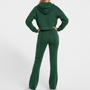 High Quality 100% Cotton Fleece Winter Baggy Cropped Zipper Hoodie Jogger Set Women's Custom logo Solid Color <b>Green</b> 2 Piece Set - Product Image 5