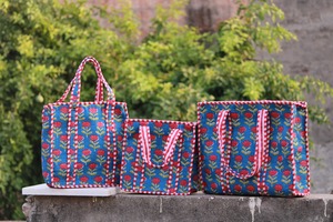 Ensemble de sacs fourre-tout matelassés faits main et pochettes, en coton imprimé indien, sac de voyage esthétique à motif floral avec fermeture éclair, pour l'été et l'automne, trousse de toilette pour femme - Product Image 6