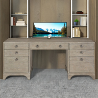 Bureau d'ordinateur moderne gris clair en teck pour bureau à domicile avec tiroirs à glissières à roulement à billes, finition laquée, design assemblé, rangement intégré