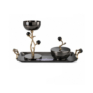 Golden Brass Incense <b>Burner</b> Set With Tray And Black Bead Accents Aromatic All Season Use - Product Image 2