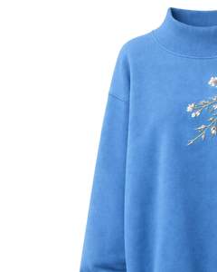 Sweat-shirt à col montant bleu ciel pour femme, broderie florale, manches longues, pull décontracté d'hiver, mélange de coton doux, haut pour femme, vente en gros - Product Image 4