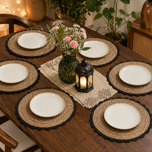 Handwoven Seagrass <b>Table</b> <b>Mat</b> with Cotton Lace | Fringe Heat Resistant <b>Round</b> Placemat for Dining <b>Table</b> Cups Pots and Bowls - Product Image 4
