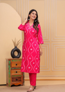 Conjunto de Kurti y Pantalón Estampado Rosa para Mujer, Mangas 3/4, Ropa Étnica Informal, Conjunto de Kurti Recto - Product Image 3