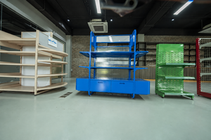 Blue Heavy Duty Gondola Supermarket <b>Shelving</b> 4 Tier Freestanding <b>Metal</b> Rack With Back Epoxy Coated Rectangular Design - Product Image 5