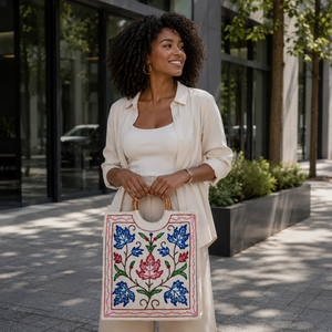 Sac fourre-tout rectangulaire artisanal indien en coton durable de luxe, broderie Aari assortie, motif floral, usage quotidien décontracté, toutes occasions - Product Image 4