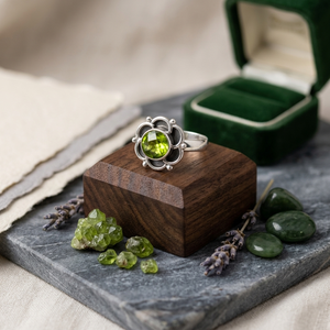 Anillo de Peridoto Hecho a Mano – Anillo con Gema Redonda de Peridoto, Corte Checker, Acabado Mate Plateado, Anillo Verde Boho, Latón - Product Image 2