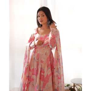 ชุด anarkali พร้อมใส่ของผู้หญิง DKB-265ผ้าพิมพ์ลายดอกไม้หลายดอกพร้อม dupatta บานเต็มที่ - Product Image 4