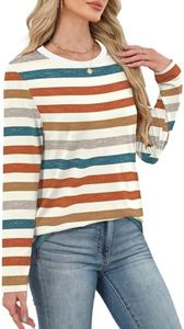 Camiseta de Punto a Rayas de Manga Larga para Mujer, Cuello Redondo, Corte Holgado Informal, 100% Algodón, para Primavera/Verano, Camisetas de Manga Larga OEM - Product Image 3
