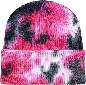 Nouveauté 2025 – Bonnets tricotés en acrylique pour femme, motif ombré tie-dye arc-en-ciel rose et bleu, à rayures côtelées - Product Image 6