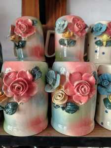 Tasses à café en céramique à motif cerise, faites à la main, design mignon, blanches avec des points roses, lavables au lave-vaisselle, pour un usage domestique - Product Image 5