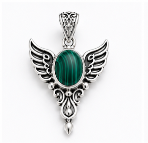 Malachite Silver Pendant, Winged Angel Pendant, 925 Sterling Silver <b>Necklace</b>, Green Malachite Gemstone Pendant Spiritual Jewelry - Product Image 1