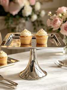 Support à gâteau rond en métal finition argentée avec base sur pied, support à gâteau décoratif fait main pour la décoration de table et de fête - Product Image 6