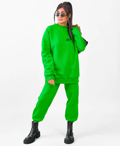 OEM Women Neon Green Crewneck Sweatshirt and Cuffed Sweatpants <b>Set</b> Custom Streetwear Tracksuit Supplier - Product Image 1