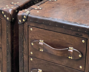 Vintage Brown Leather Trunk Drawer Cabinet Antique <b>Storage</b> <b>Chest</b> Brass Studded Bedside Table Home Furniture Set - Product Image 4
