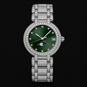 Montre bracelet argentée avec cadran vert, diamants incrustés, affichage de la phase lunaire et de la date, montre de luxe tendance pour hommes et femmes - Product Image 1