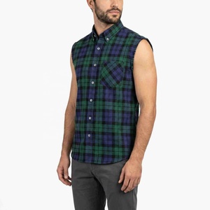 Chemise sans manches en flanelle à carreaux pour homme, coupe ample, avec logo personnalisé, boutonnée, décontractée, en coton, motif vert et bleu, T-shirt pour homme - Product Image 1