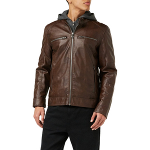 AUSSIE EDGE APPAREL CO Men's <b>Brown</b> Genuine Leather Moto Jacket Stand Collar Zip Front Regular Fit Casual Wear Detachable Hoodie - Product Image 3