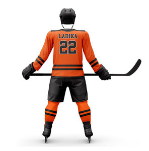 Ensemble d'uniformes de hockey sur glace personnalisés pour hommes, maillot et pantalon rayés orange et noir, manches longues, impression sublimée, évacuation de l'humidité, coupe athlétique - Product Image 2