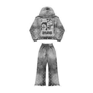 Ensemble de survêtement vintage personnalisé, effet délavé soleil et usé, délavé à l'acide, comprenant un sweat à capuche court et un pantalon de survêtement évasé, orné de strass, style streetwear - Product Image 6
