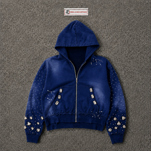 Sudadera con capucha y cremallera para hombre, estilo oversize, azul marino, con pedrería, estilo streetwear, diseño con bolsillos, corte regular, para otoño, en oferta - Product Image 5