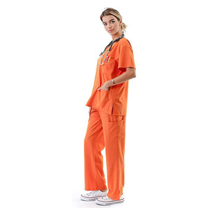 Women's Orange Scrub <b>Set</b> Short Sleeve V-Neck Top With Pockets Hospital Uniform Woven Polyester Blend - Product Image 3