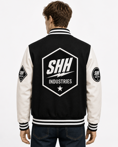 SHH INDUSTRIES Custom Black White Varsity Jacket Men Baseball Bomber with Embroidered Patches Snap Button College Letterman Jack - Product Image 4