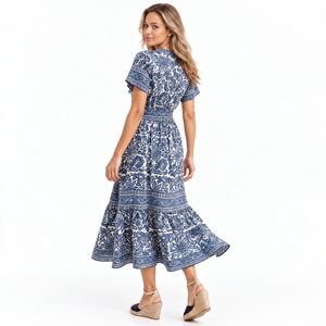 Vestido Maxi Bohemio para Mujer, Cuello en V Profundo, Manga Corta, Cintura Alta, Estampado Floral en Capas, Vestido Casual de Verano - Product Image 3