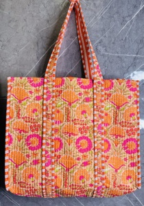 Botanical Print Eco-friendly Cotton Tote <b>Bag</b> | Orange for Quilted Floral Design | Handmade Fashion Shoulder Tote for Women - Product Image 6