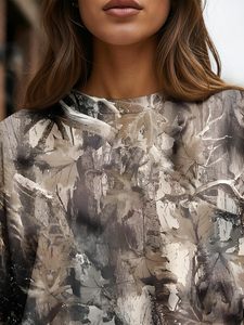 Pull à manches chauve-souris à imprimé floral pour femme, col rond, manches longues, haut décontracté, respirant, en polyester tricoté - Product Image 5