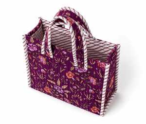Sac fourre-tout matelassé à fleurs violettes avec poignées rayées, style bohème, isolé, pour le shopping, les voyages quotidiens, en coton, utilisable toute l'année - Product Image 1
