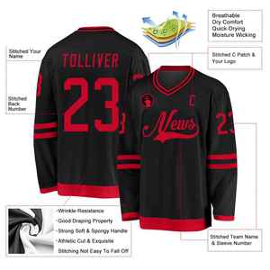News Men's Black Red Ice Hockey Jersey V-Neck Full Sleeve Moisture Wicking Breathable Embroidered Team Name Number <b>Athletic</b> Fit - Product Image 2