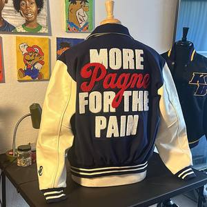 Custom Embroidered Varsity Jacket Unisex Preppy Style Stand Collar PU Leather Sleeve Letter N Glasses Globe Bow <b>Tie</b> Winter Wear - Product Image 6